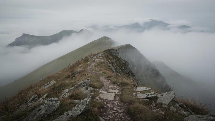 Desaturated Carpathian ridge under low morning cloud