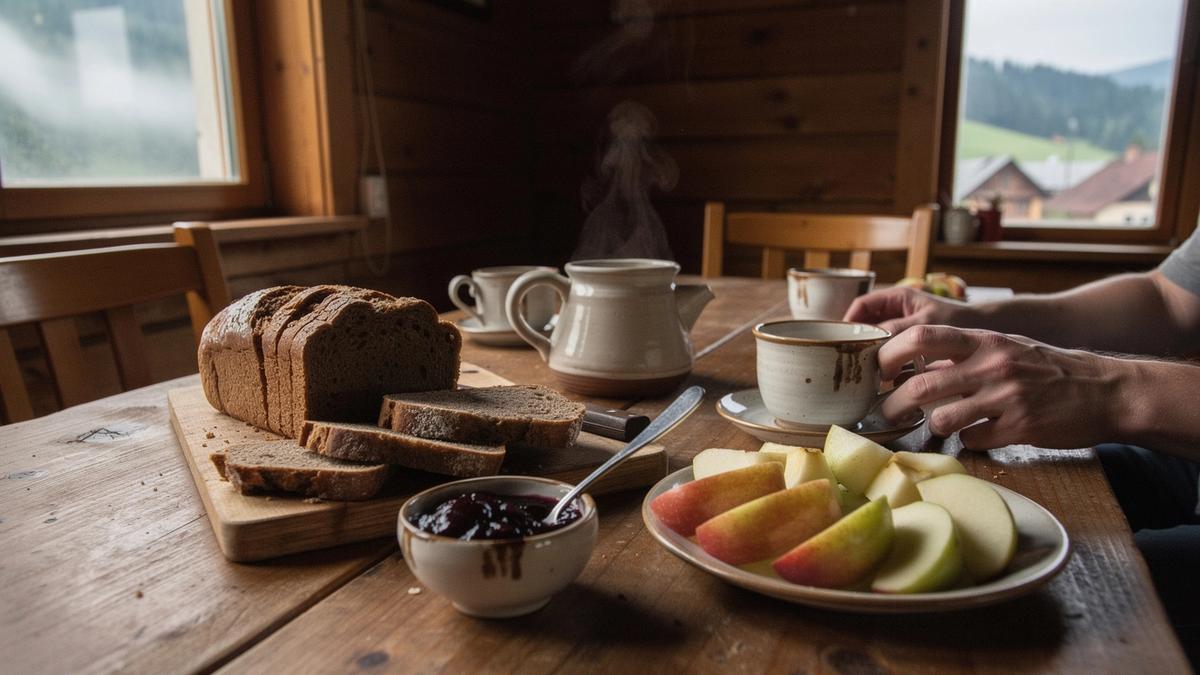 Breakfast table at a Carpathian guesthouse with bread, jam, fruit and a pot of coffee